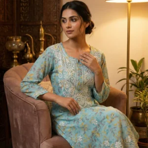 Sky Blue Floral Malmal Cotton Kurti with Hand Chikankari Work | Lucknow Best Chikankari Regular