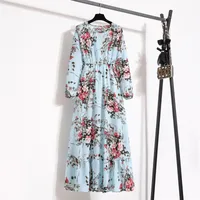 Spring Floral Print A-Line Dress Round Neck Long Sleeve Slimming Waist Elegant Commute Style Chiffon Blend Fabric Dress - Image 5