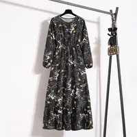 Spring Floral Print A-Line Dress Round Neck Long Sleeve Slimming Waist Elegant Commute Style Chiffon Blend Fabric Dress - Image 4