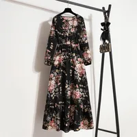 Spring Floral Print A-Line Dress Round Neck Long Sleeve Slimming Waist Elegant Commute Style Chiffon Blend Fabric Dress - Image 3