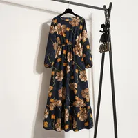 Spring Floral Print A-Line Dress Round Neck Long Sleeve Slimming Waist Elegant Commute Style Chiffon Blend Fabric Dress - Image 2