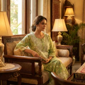 Pista Green Floral Malmal Cotton Kurti with Hand Chikankari Work | Lucknow Best Chikankari
