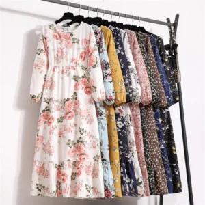 Spring Floral Print A-Line Dress Round Neck Long Sleeve Slimming Waist Elegant Commute Style Chiffon Blend Fabric Dress