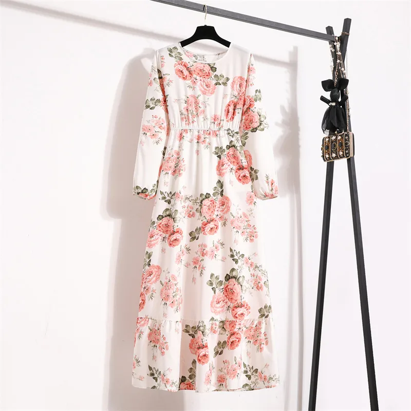 Spring Floral Print A-Line Dress Round Neck Long Sleeve Slimming Waist Elegant Commute Style Chiffon Blend Fabric Dress - Image 6