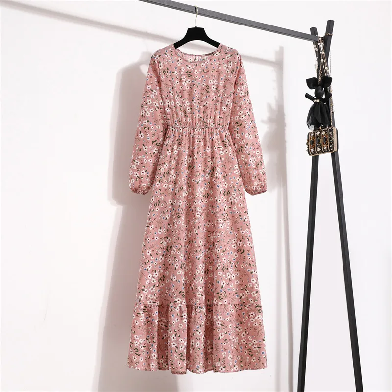 Spring Floral Print A-Line Dress Round Neck Long Sleeve Slimming Waist Elegant Commute Style Chiffon Blend Fabric Dress - Image 7