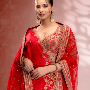 Scarlet Red Silk Umbrella Style Wedding Lehenga with Embroidered Double Dupatta