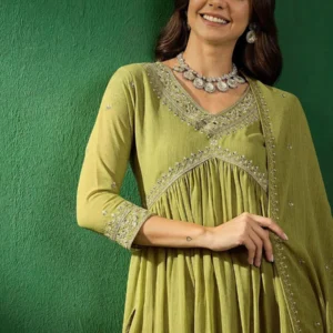 Sangria Alia Cut Embroidered V-Neck Kurta