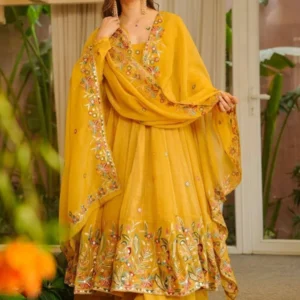 SPIRISA Women's Floral Embroidered Empire Mirror Work Silk Chiffon Kurta